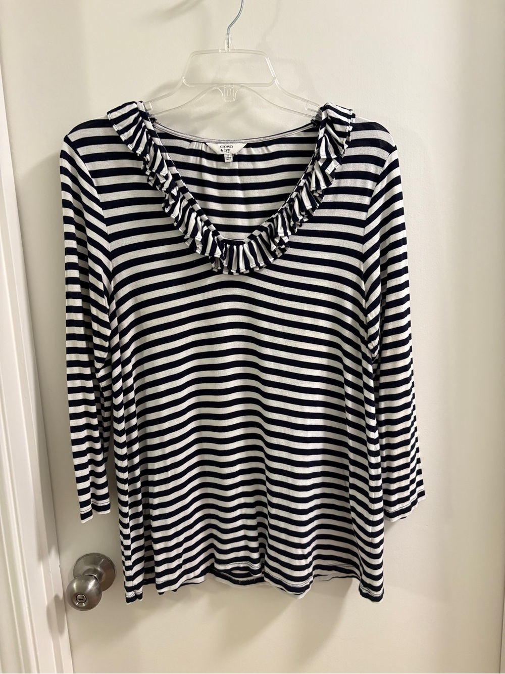 Crown & Ivy Navy Striped Ruffled Top | Size Small